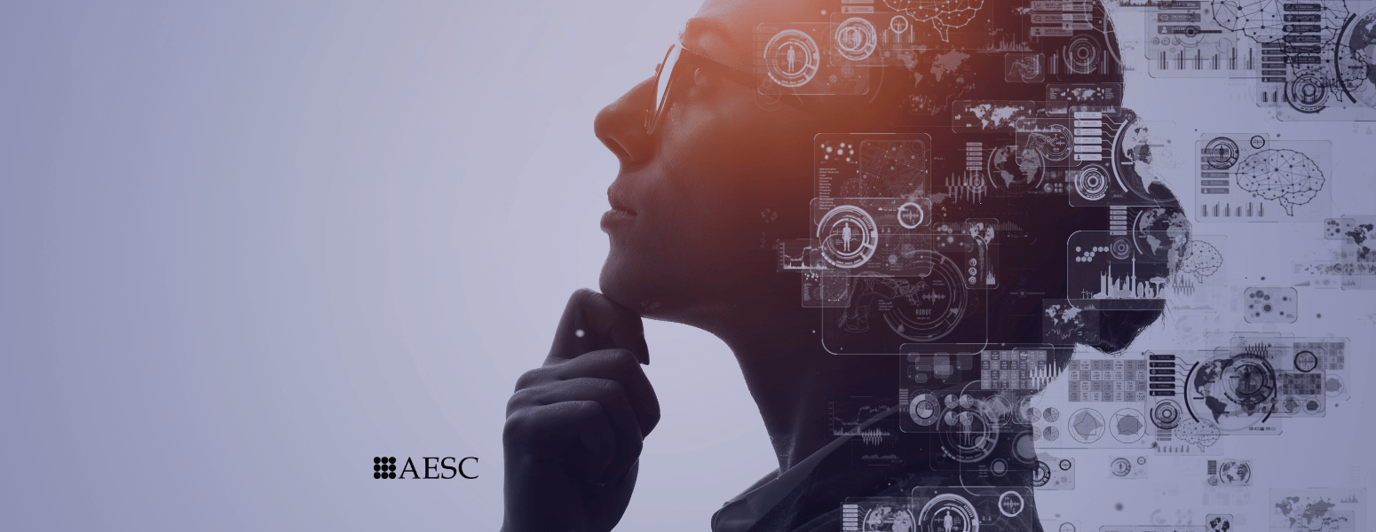 corporate woman pondering with her hand below her chin