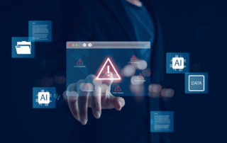 Artificial intelligence system warning concept with data security risk, cyber attack, AI error, and digital technology danger alert for business, network safety, and innovation monitoring. stock photo