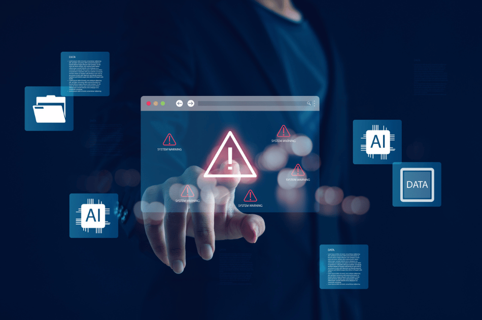 Webinar_Mintz_Risk Artificial intelligence system warning concept with data security risk, cyber attack, AI error, and digital technology danger alert for business, network safety, and innovation monitoring. stock photo